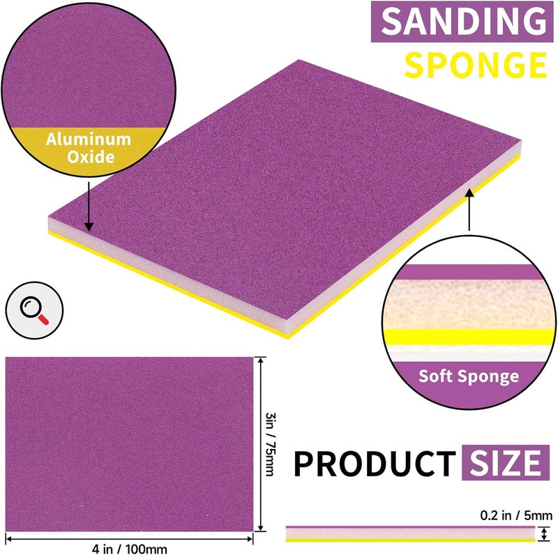 Shineboc 3 x 4 Inch Hook and Loop Sanding Sponge Purple Alumina Abrasive Sanding Pads Flexible Softback 150/180/220/320/400 Grit Wet or Dry Sand Paper Reusable Hand Sanding Block for Wood Metal Drywall, 20Pcs - Image 2